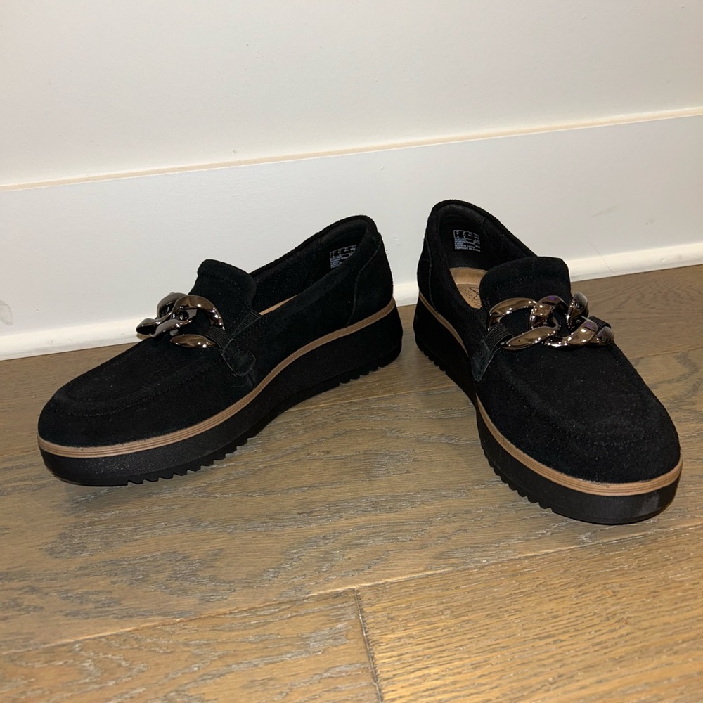 Clarks Black Suede Loafers with Chain Accent